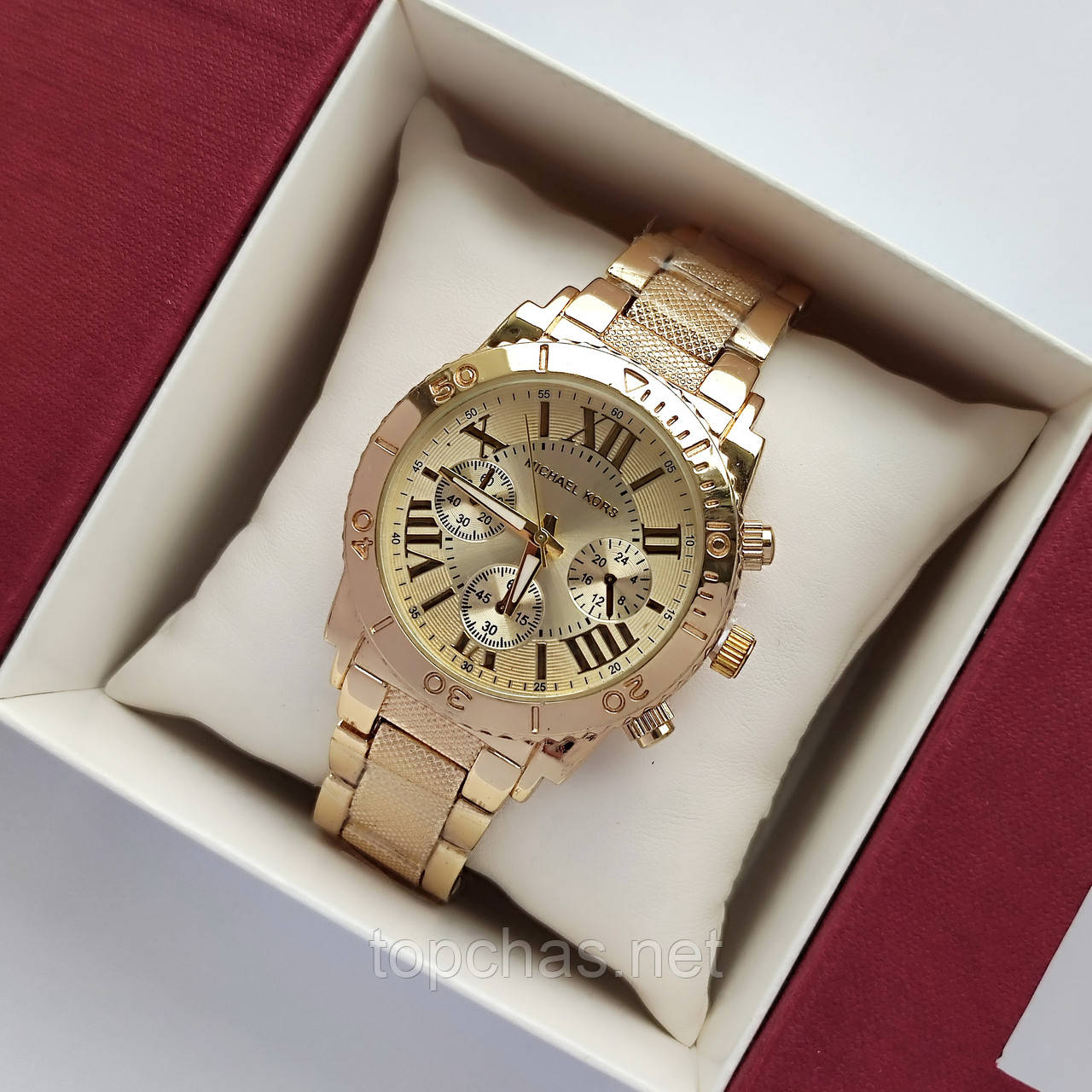 Жіночий наручний годинник Michael Kors (майкл корс) золотого кольору з римськими цифрами - код 2436