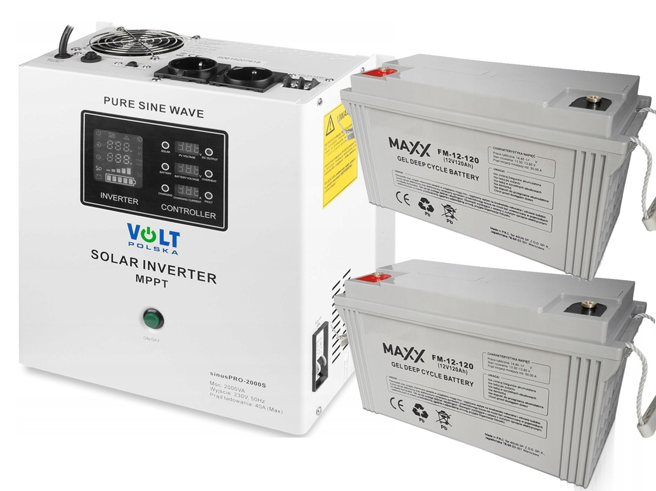 Сонячний інвертор Sinus Pro 2000 S 24/230V (1400/2000W) + 2шт. Акумулятор Maxx 12-FM-120 120Ah 12V, фото 1
