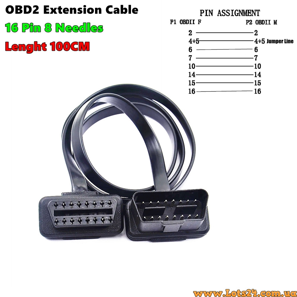 Подовжувач роз'єму OBD2 16-pin подовжуючий кабель мама-тато ELM327 подовжувач OBDII OBD2 подовжувач 100см
