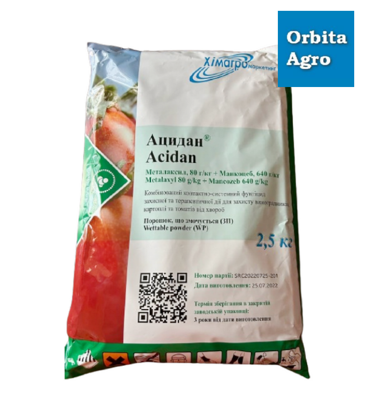 Фунгіцид Ацидан / манкоцеб, 640 г/кг, металаксил, 80 г/кг / для картоплі, цибулі, помідорів, огірків