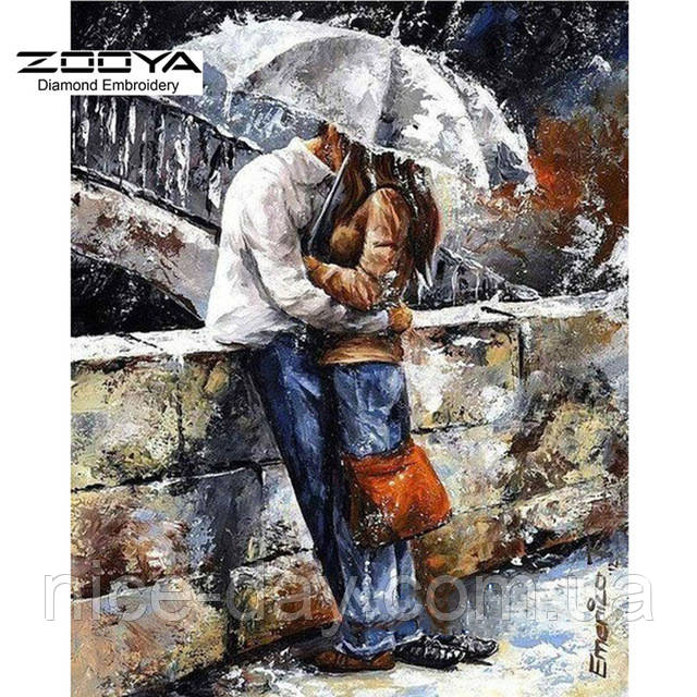 Картина для малювання камінням Diamond painting Алмазна вишивка "Закохані під парасолькою" повна викладка