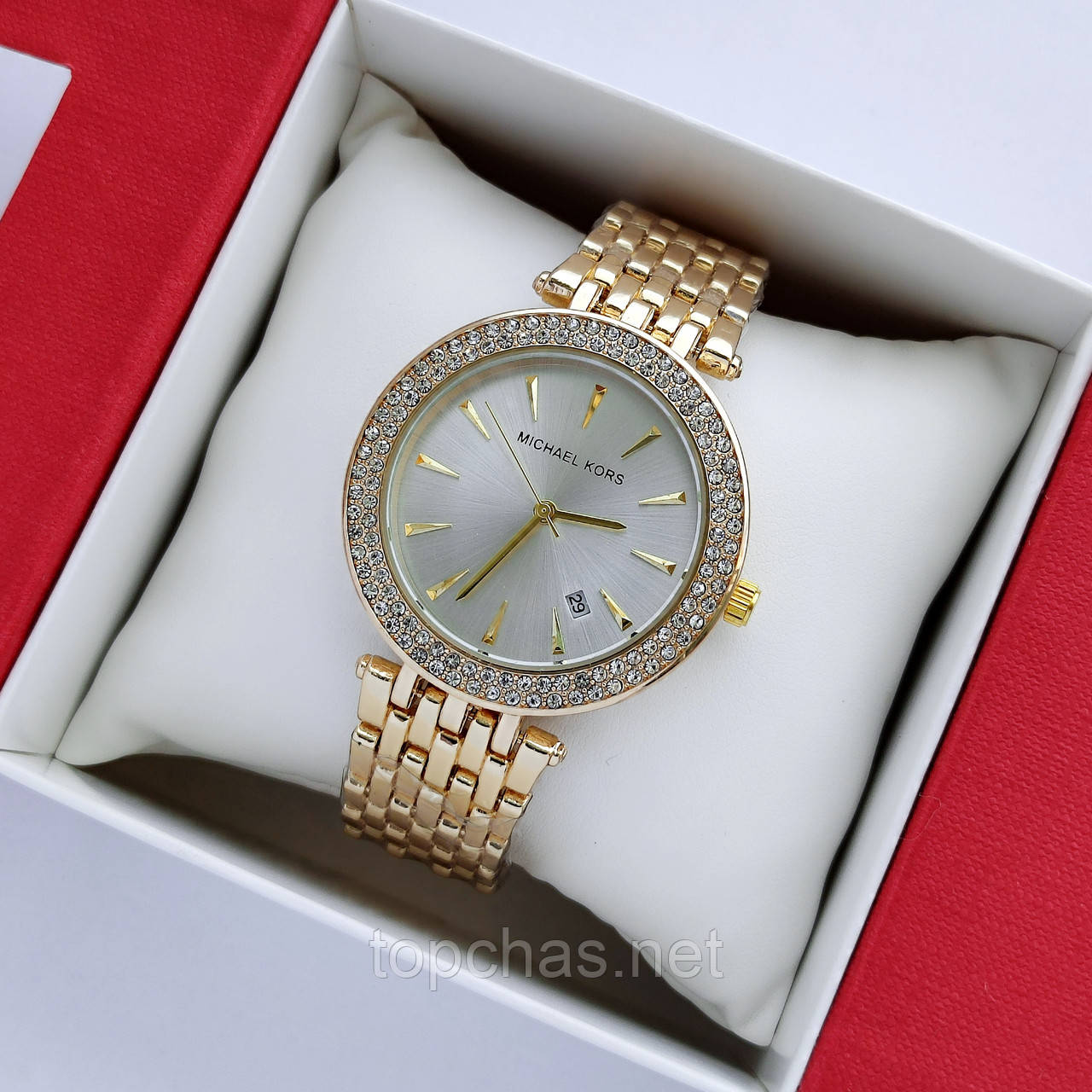 Жіночий наручний годинник Michael Kors (майкл корс) золотого кольору з двома рядами камінчиків - код 2438а