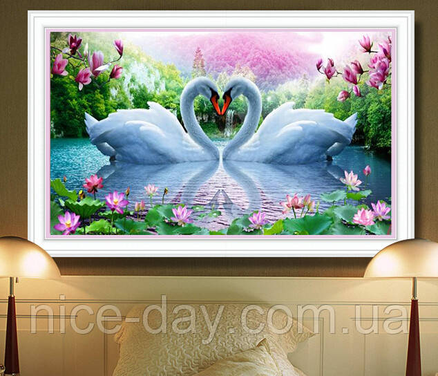 Картина для малювання камінням Diamond painting Алмазна вишивка "Закохані лебеді", фото 1