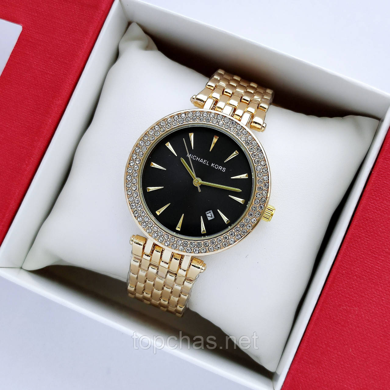 Жіночий наручний годинник Michael Kors (майкл корс) золото з чорним циферблатом, два ряди камінчиків - код 2439а