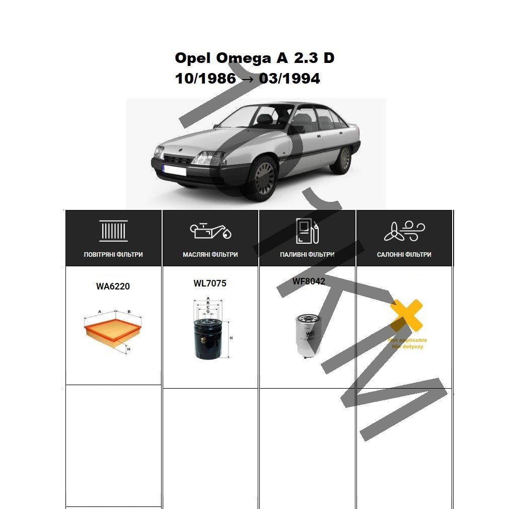 Комплект фільтрів Opel Omega A 2.3 D (1986-1994) WIX