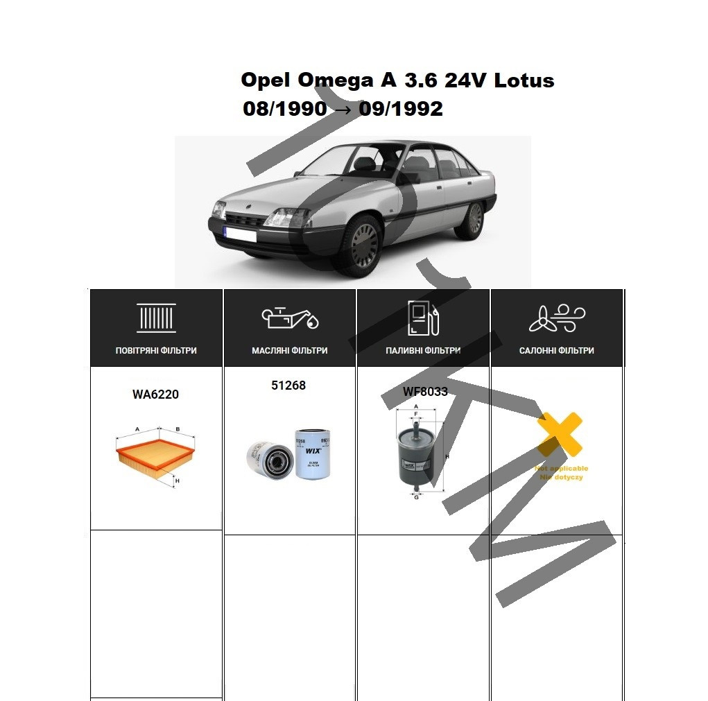 Комплект фільтрів Opel Omega A 3.6 24V Lotus (1990-1992) WIX