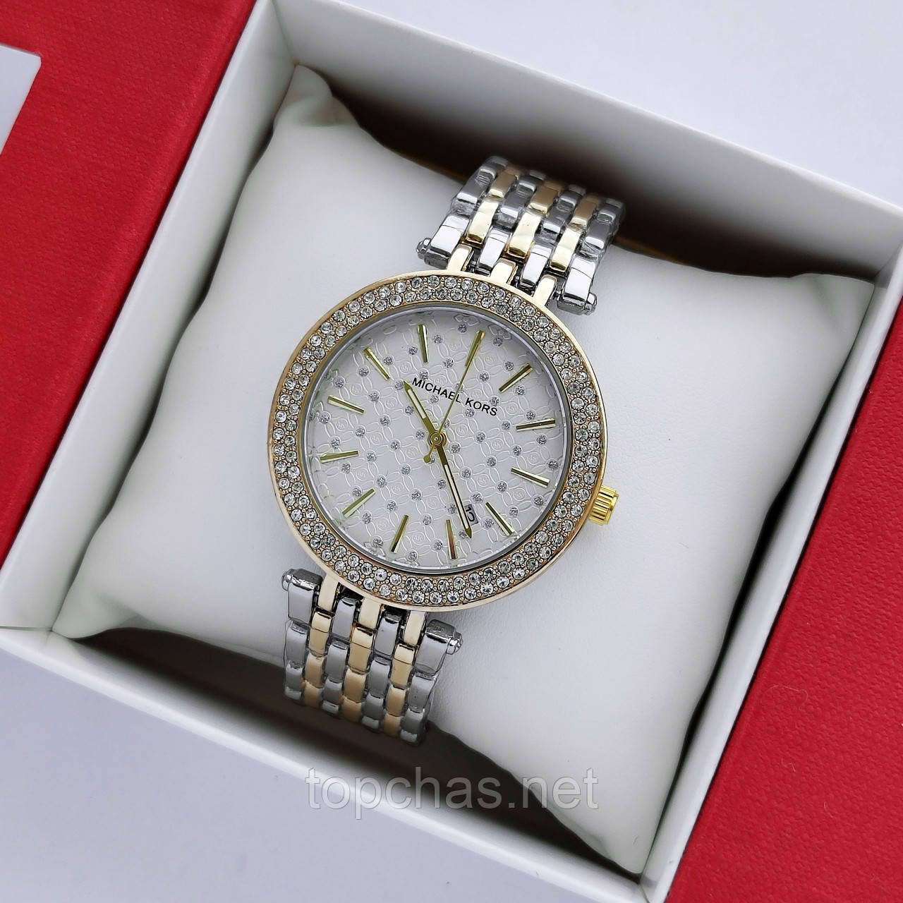 Жіночий наручний годинник Michael Kors (майкл корс) комбінований зі сріблястим циферблатом, камінчики - код 2443