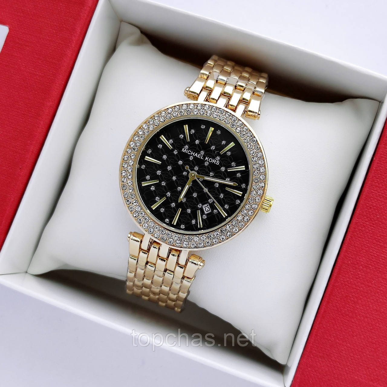 Жіночий наручний годинник Michael Kors (майкл корс) золото з чорним циферблатом, камінчики - код 2444а