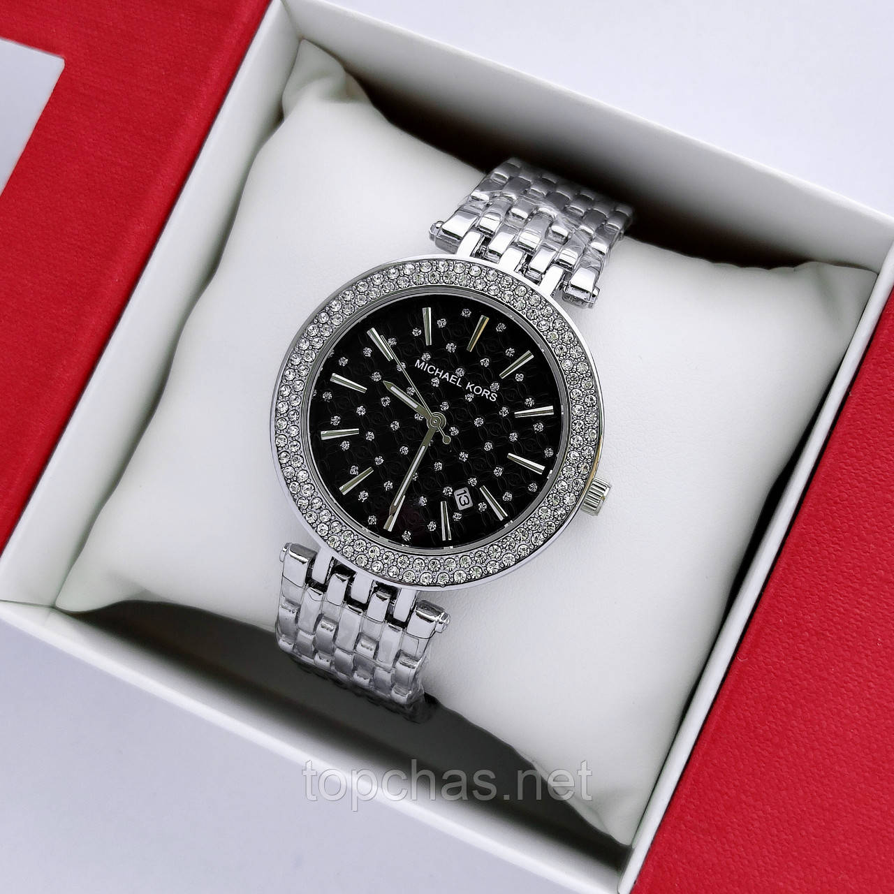 Жіночий наручний годинник Michael Kors (майкл корс) сріблясті з чорним циферблатом, камінчики - код 2446а