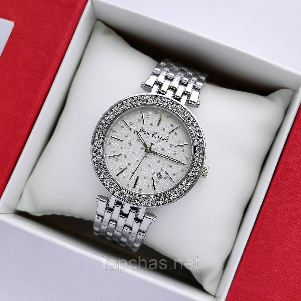 Жіночий наручний годинник Michael Kors (майкл корс) сріблястого кольору, багато камінчиків - код 2448