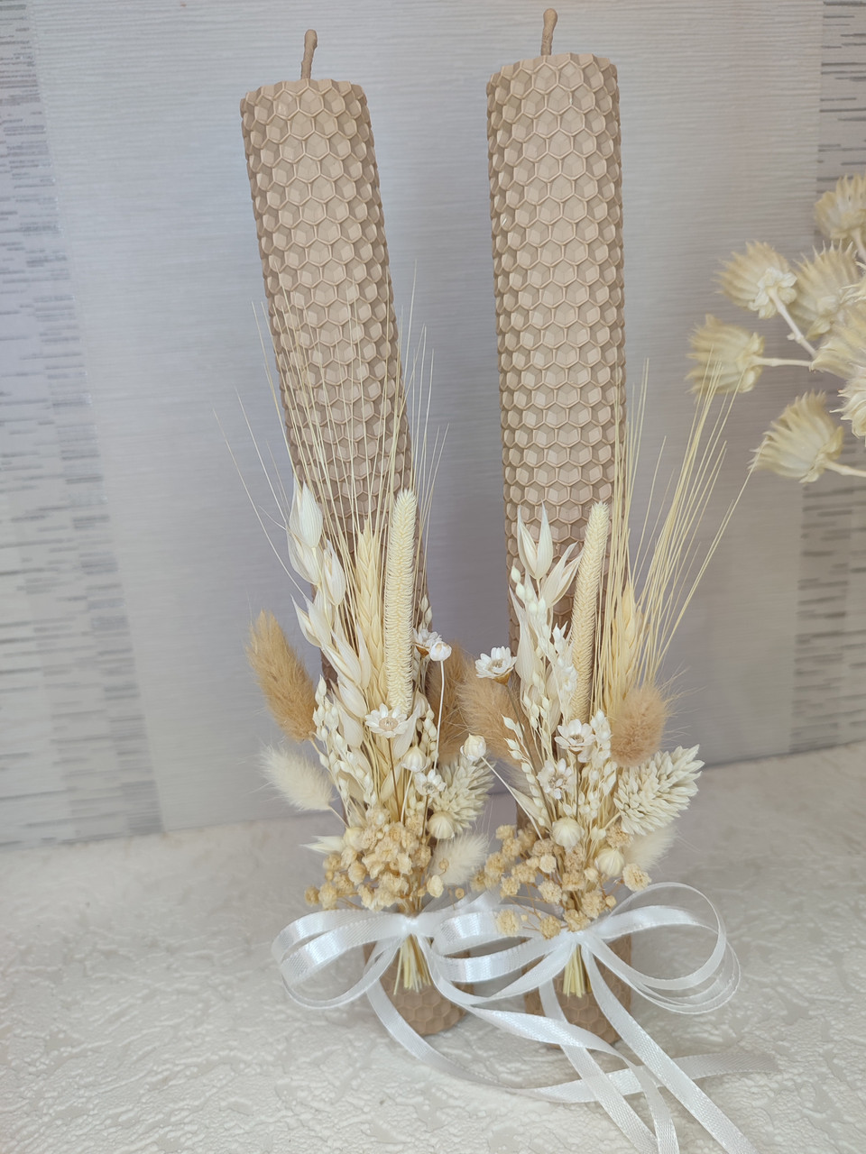 Набір свічок із вощини з декором на вінчання, весілля, причастя, 2шт./набір, фото 1