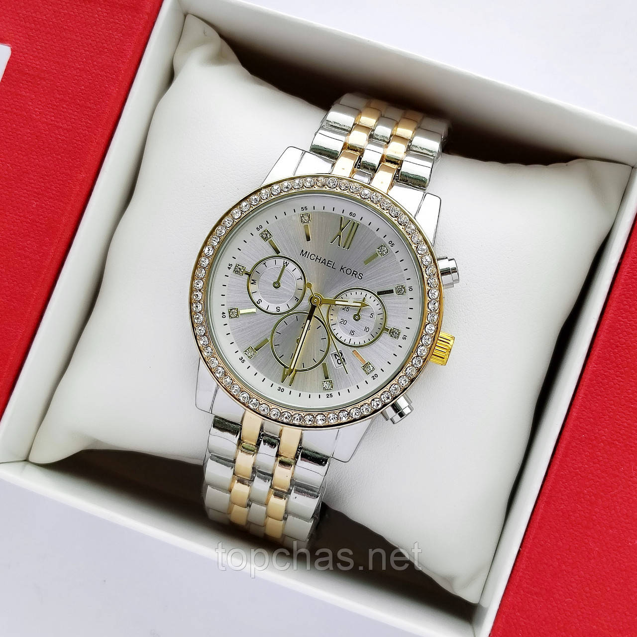 Жіночий наручний годинник Michael Kors (майкл корс) срібло-золото зі світлим циферблатом, камінчики - код 2449а