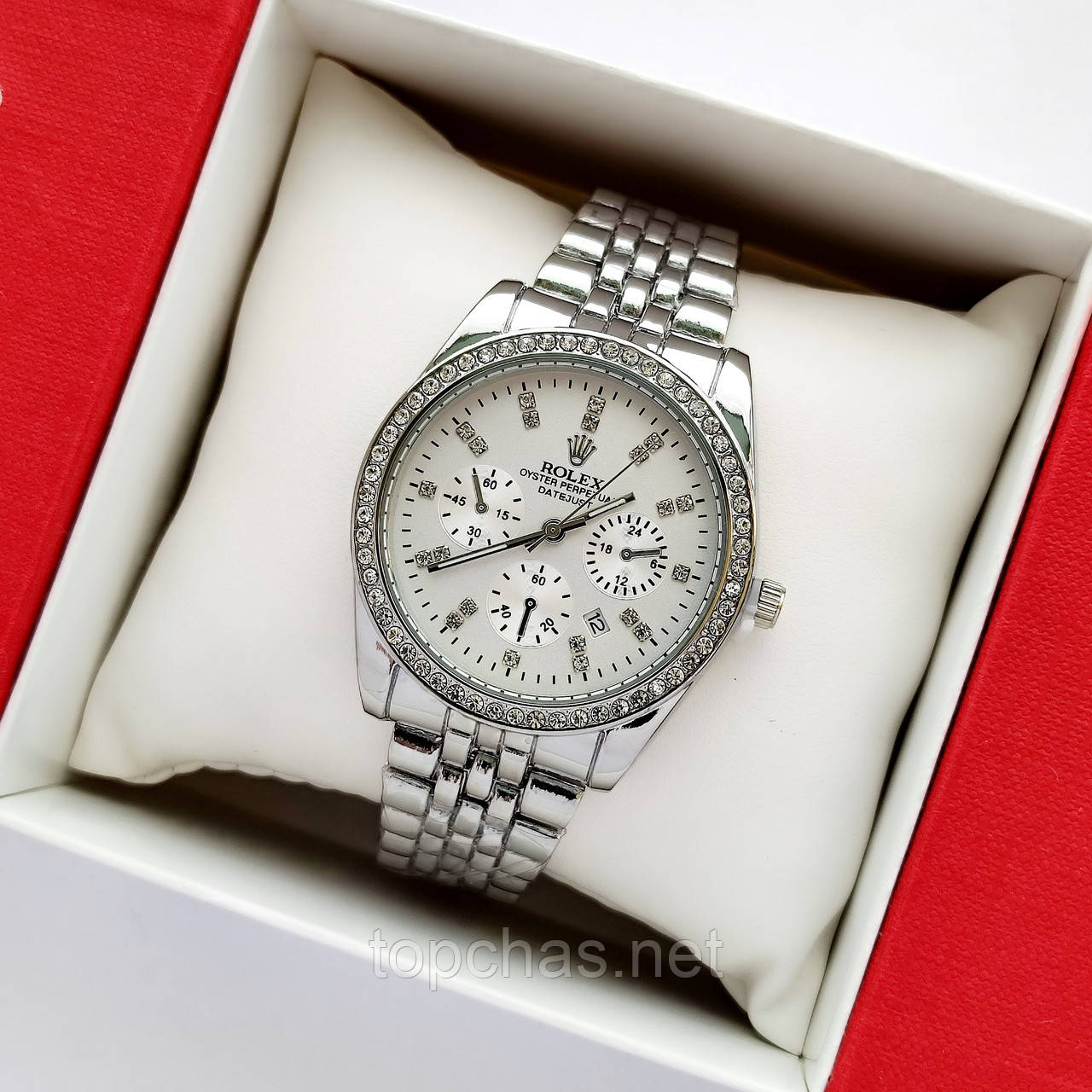 Металевий жіночий наручний годинник Rolex (ролекс) сріблястого кольору, камінчики навколо, дата - код 2451а
