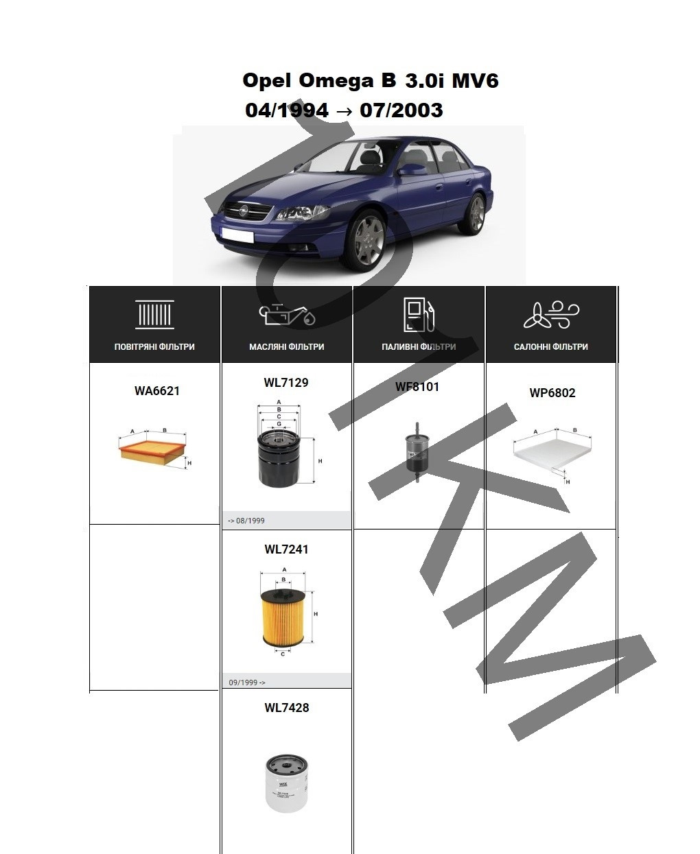 Комплект фільтрів Opel Omega B 3.0i MV6 (1994-2003) WIX