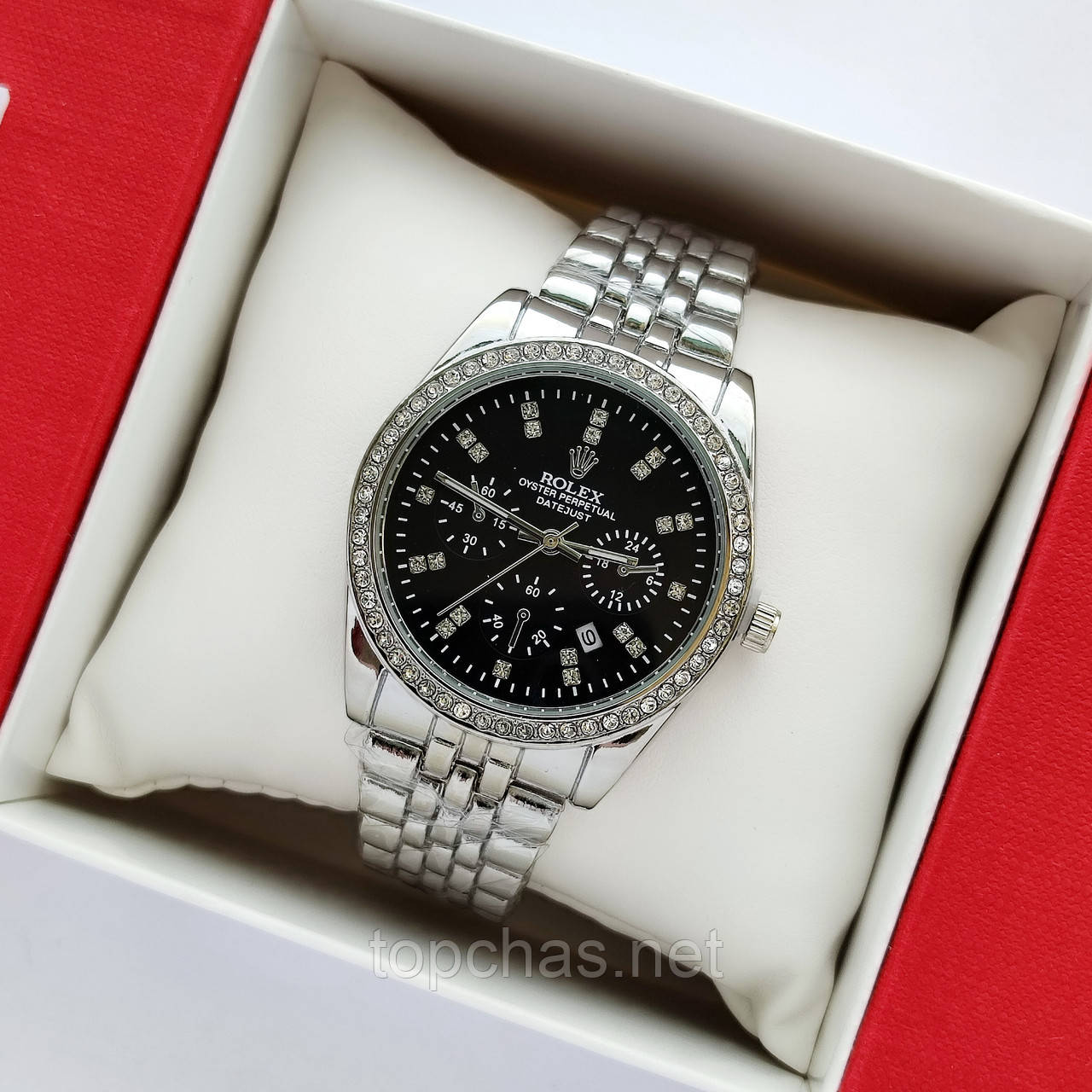 Металевий жіночий наручний годинник Rolex (ролекс) сріблястий з чорним, камінчики навколо, дата - код 2452а