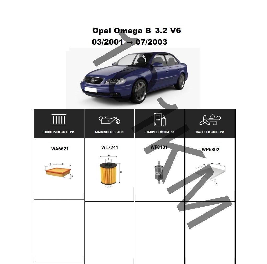 Комплект фільтрів Opel Omega B 3.2 V6 (2001-2003) WIX