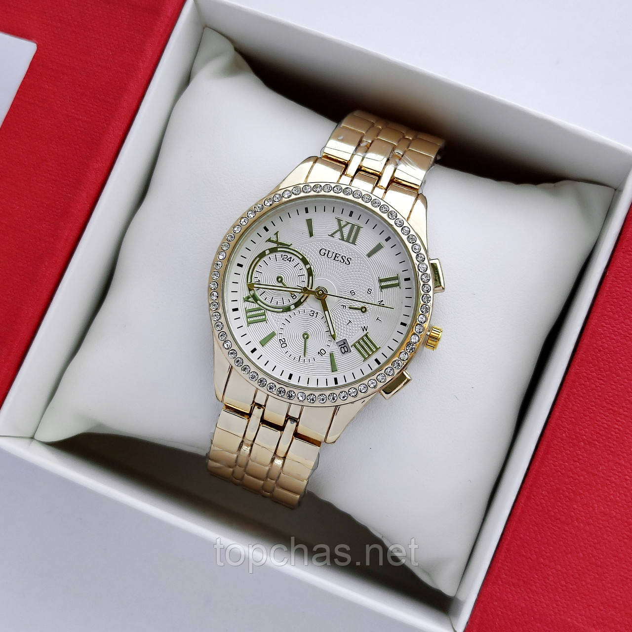 Жіночий золотистий наручний годинник Guess (Гес) зі світлим циферблатом, камінчики навколо, дата - код 2453а