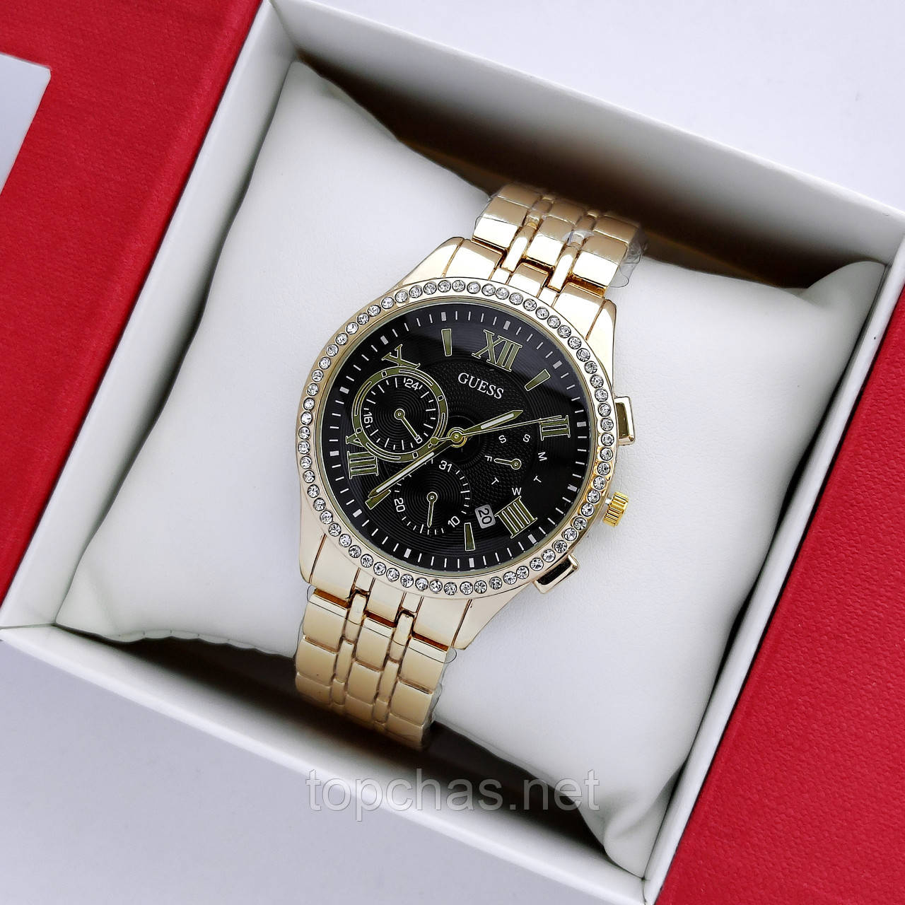 Жіночий золотистий наручний годинник Guess (Гес) з чорним циферблатом, камінчики навколо, дата - код 2454а
