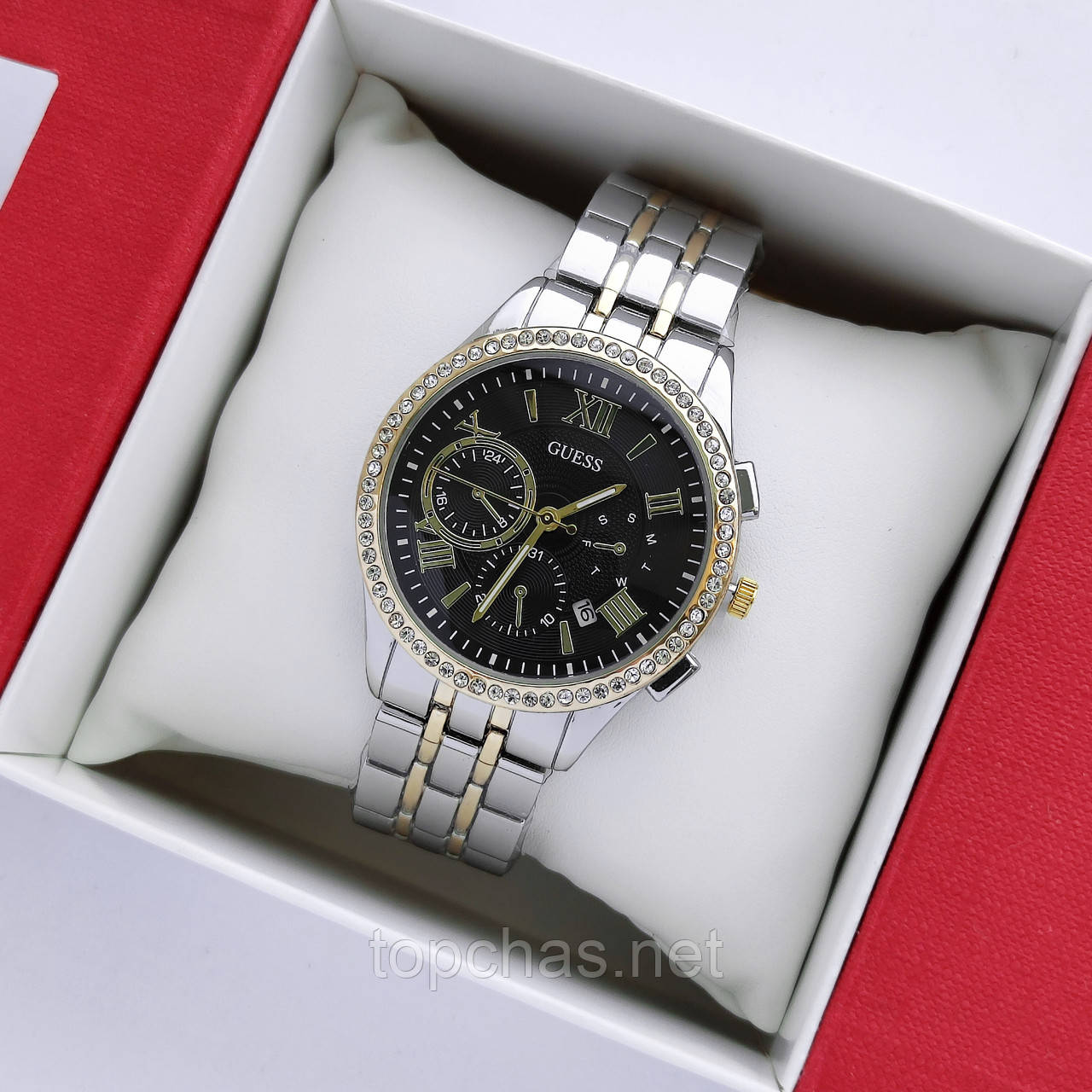 Жіночий наручний годинник Guess (Гес) срібло-золото з чорним, камінчики навколо циферблата - код 2455а