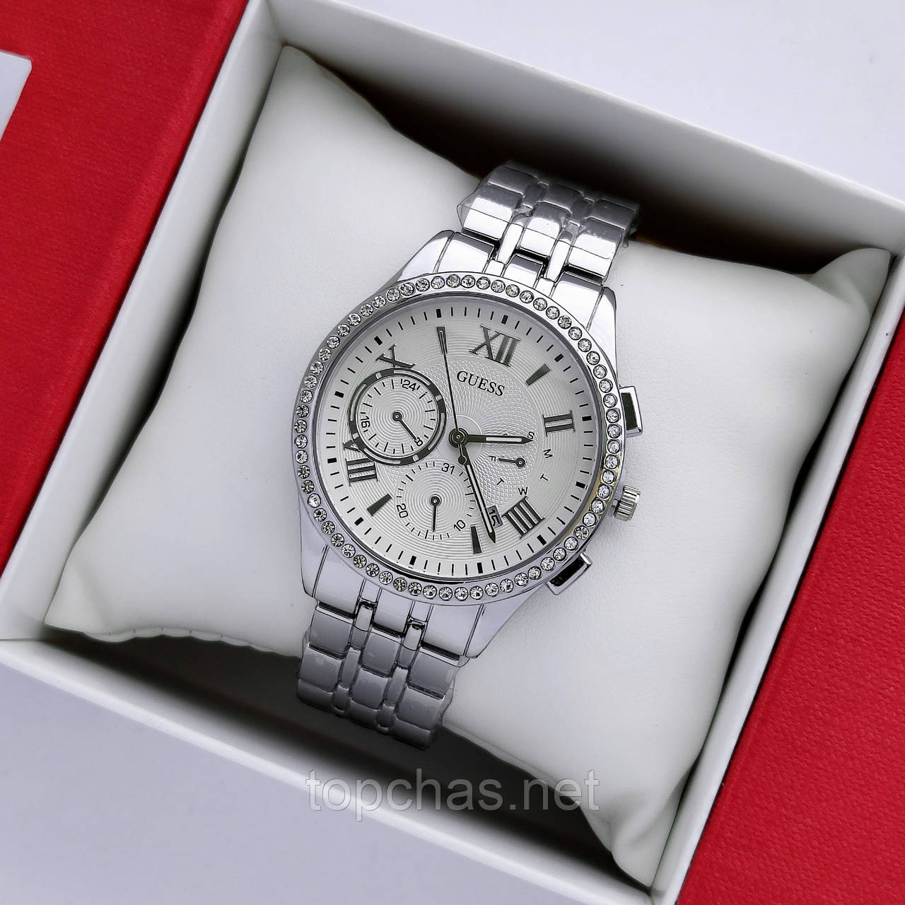 Жіночий наручний годинник Guess (Гес) сріблястого кольору, римські цифри, камінчики навколо, дата - код 2457а