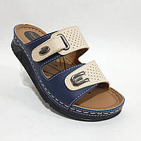 Остання пара! 36/22,5 см Жіночі прошиті шльопанці з екошкіри регульований підйом Сині/Бежеві