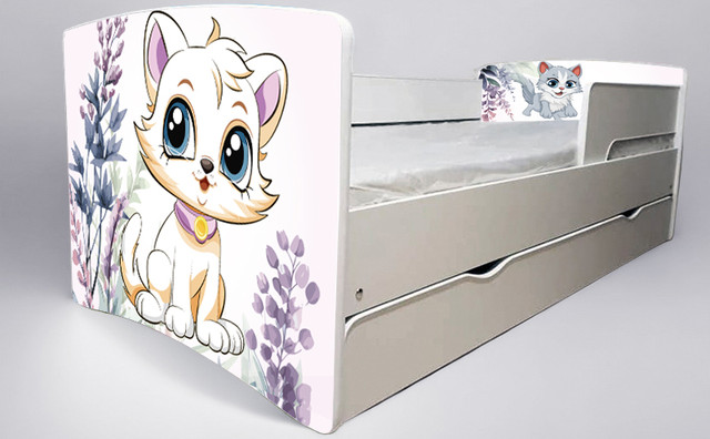 Ліжко для дівчинки Кошенятко kitty з шухлядою на ламелях, захисний бортик
