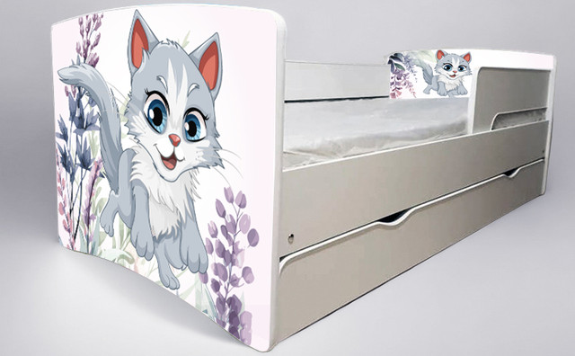Ліжко для дівчинки Кошенятко kitty з шухлядою на ламелях, захисний бортик