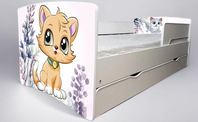 Ліжко для дівчинки Кошенятко kitty з шухлядою на ламелях, захисний бортик