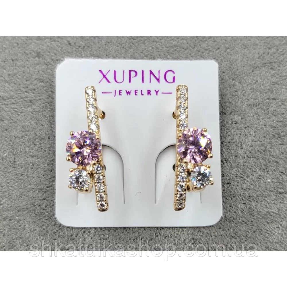 Сережки з рожевим стразом Xuping 5*18мм, англійський замок, 18к, фото 1