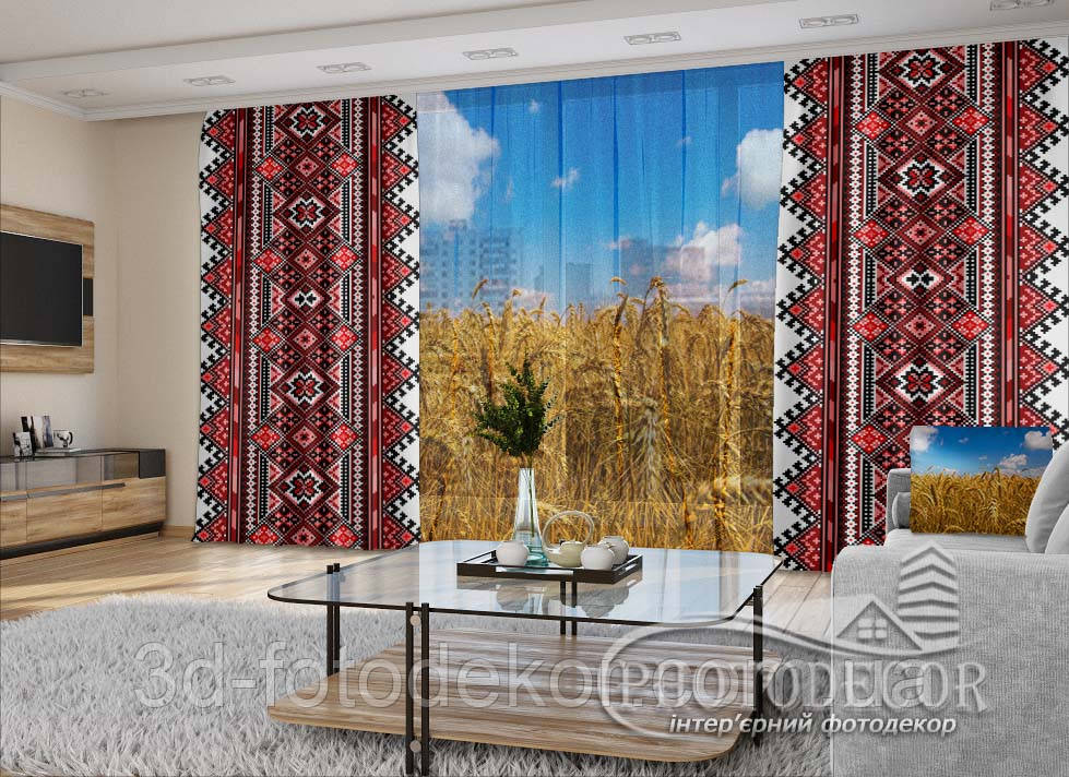 Фото штори і тюль "Український орнамент та пшениця" - будь-який розмір. Читаємо опис!