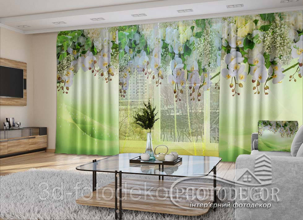 3D - Фото Штори і тюль "Ламбрекени з орхідей на салатово-жовтому тлі" - будь-який розмір. Читаємо опис!, фото 1