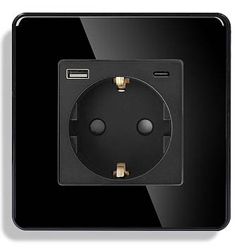 Скляна розетка з USB+Type-C 1DAL | Чорний з З/К + Шторки (G86D-STUTC.BL)