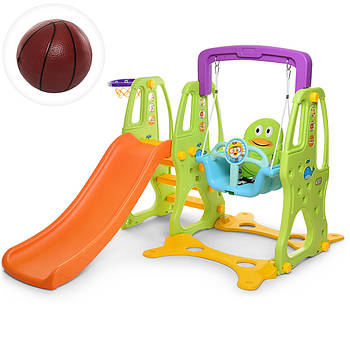 Дитяча пластикова гірка-гойдалка 150*120*177 см з баскетбольним кільцем Bambi HF-H002 Зелено-жовтогаряча