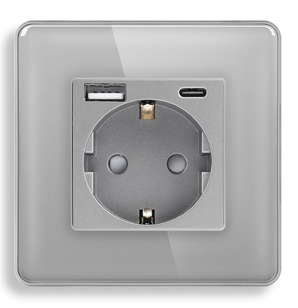 Скляна розетка з USB+Type-C 1DAL | Сірий з З/К + Шторки (G86D-STUTC.GR)