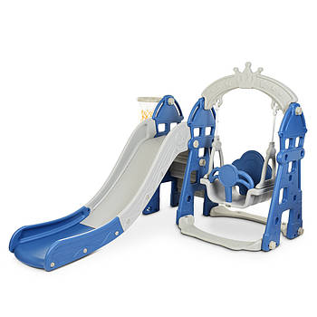 Дитяча гірка-гойдалка пластикова 146*183*120 см з баскетбольним кільцем Bambi HOUSE-4 Сіро-синя