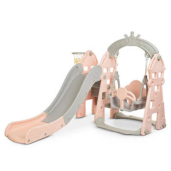 Дитяча гірка-гойдалка пластикова 146*183*120 см з баскетбольним кільцем Bambi HOUSE-4 Сіро-персикова