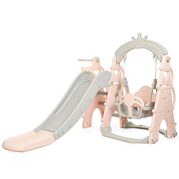 Дитяча гірка-гойдалка пластикова 146*180*122 см з баскетбольним кільцем та м'ячем Bambi CASTLE-8 Сіро-персиковий
