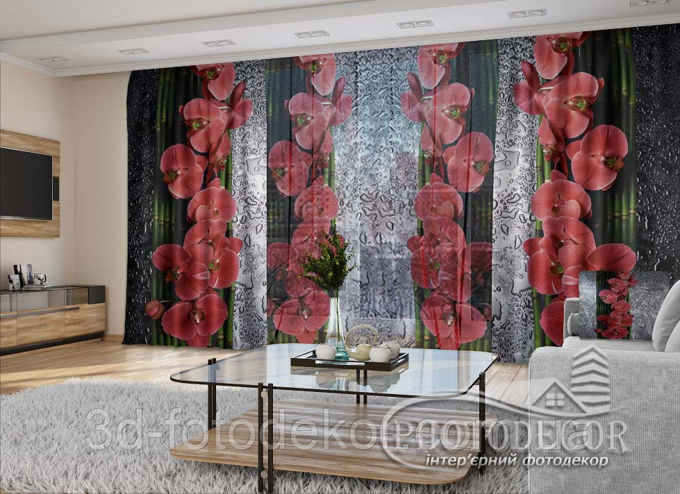 3D - Фото Штори і тюль "Червоні орхідеї та бамбук" - будь-який розмір. Читаемо опис!