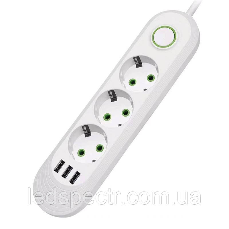 Мережевий фільтр живлення 3 розетки +3 USB 3 m, мережевий подовжувач розеток, білий