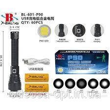 Ліхтарик ручний BL 601 P90 2*26650 battery із зарядкою від USB, фото 3