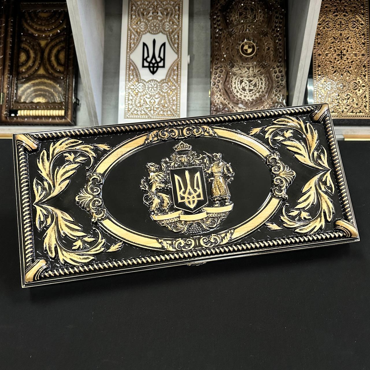 Дерев'яні нарди ручної роботи на подарунок 50×23 см Герб, фото 1