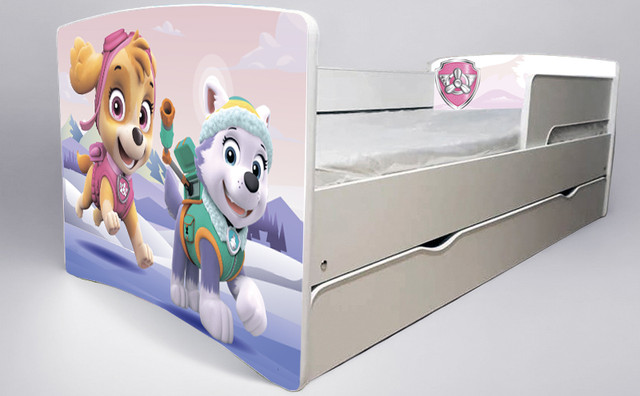 Ліжко для дівчинки Щенячий Патруль patrol з шухлядою на ламелях, захисний бортик