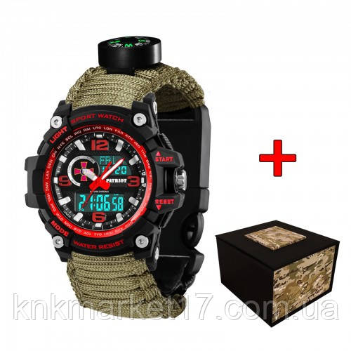 Тактичний багатофункціональний годинник Patriot 012BKRDSU ЗСУ Чорні з червоним Паракордовий ремінець Army Green + Коробка, фото 1