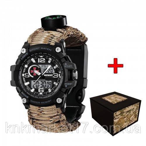 Тактичний багатофункціональний годинник Patriot 012BKSU ЗСУ Чорні Паракордовий ремінець Desert Camo + Коробка, фото 1
