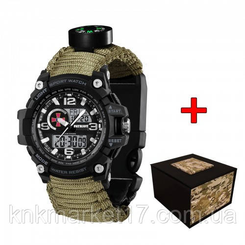 Тактичний багатофункціональний годинник Patriot 012BKSU ЗСУ Чорні Паракордовий ремінець Army Green + Коробка, фото 1