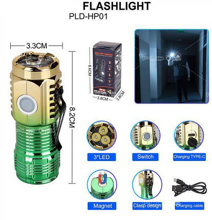 Ліхтар PLD-HP01-3LED 1x14500 індикація заряду ЗУ Type-C магніт, фото 1