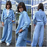 Подростковый брючный костюм на девочку. Рубашка на кнопках и прямые широкие брюки 9 10 11 12 13 лет