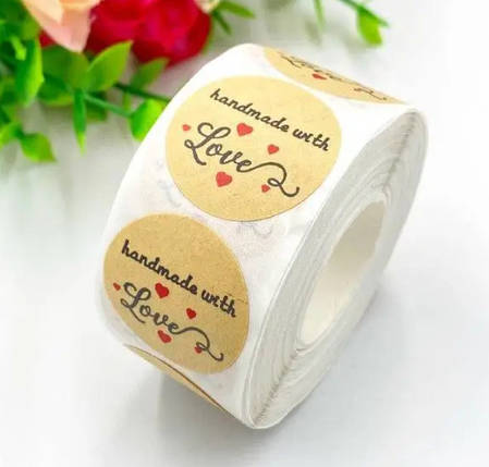 Стікер круглий "Handmade with love" 25 мм (10 шт) крафт, фото 1