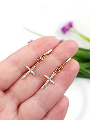 Сережки хрестики з білими фіанітами медичне золото