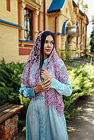 Женский шарф в храм шифоновый украшен красивыми цветами и узорам с блёстками цвет темно-розовый